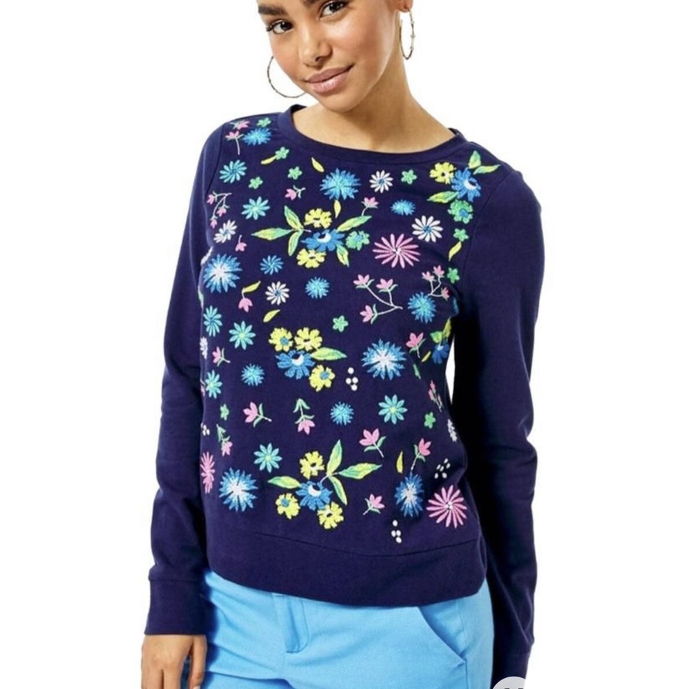 Lilly Pulitzer Rami Sweatshirt Navy Embroidery Blue Sweater women XXS A006810 - Picture 2 of 2